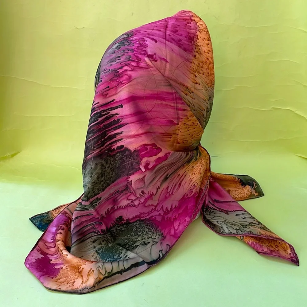 Vintage multicolored hand painted tie dye silk scarf